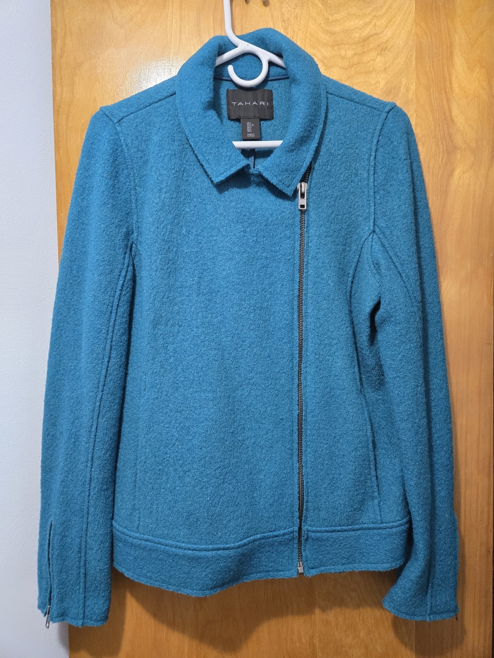 Tahari Teal Bouclé Asymmetric Zip Jacket